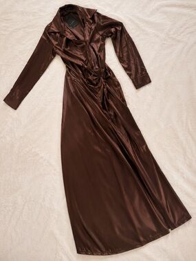 JLUXLABEL Chocolate Brown Satin Maxi Dress | Plunging Slit Gown | Never Worn